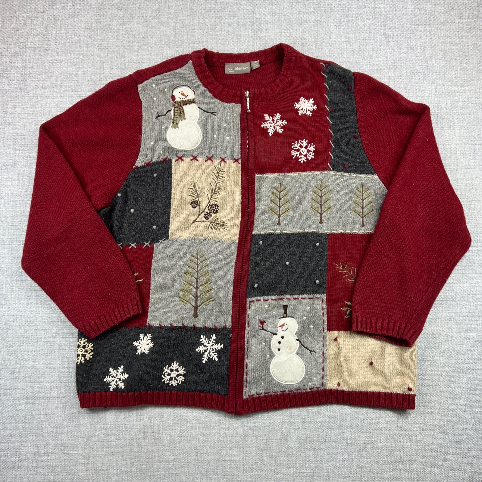 Vintage Croft & Borrow Patchwork Holiday Christmas Sweater Women 1x Zip Cottage